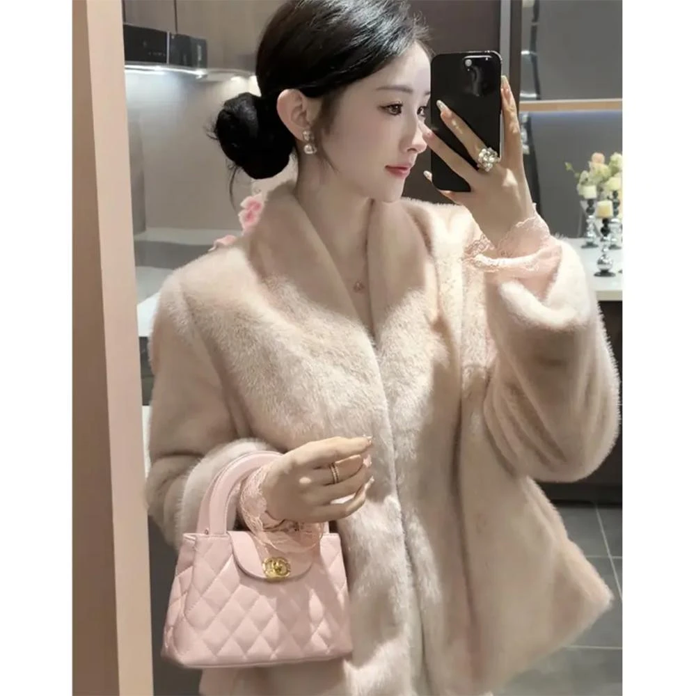 十字貂皮草高级感粉色仿水貂绒短款韩版毛毛外套女2025秋冬季新款