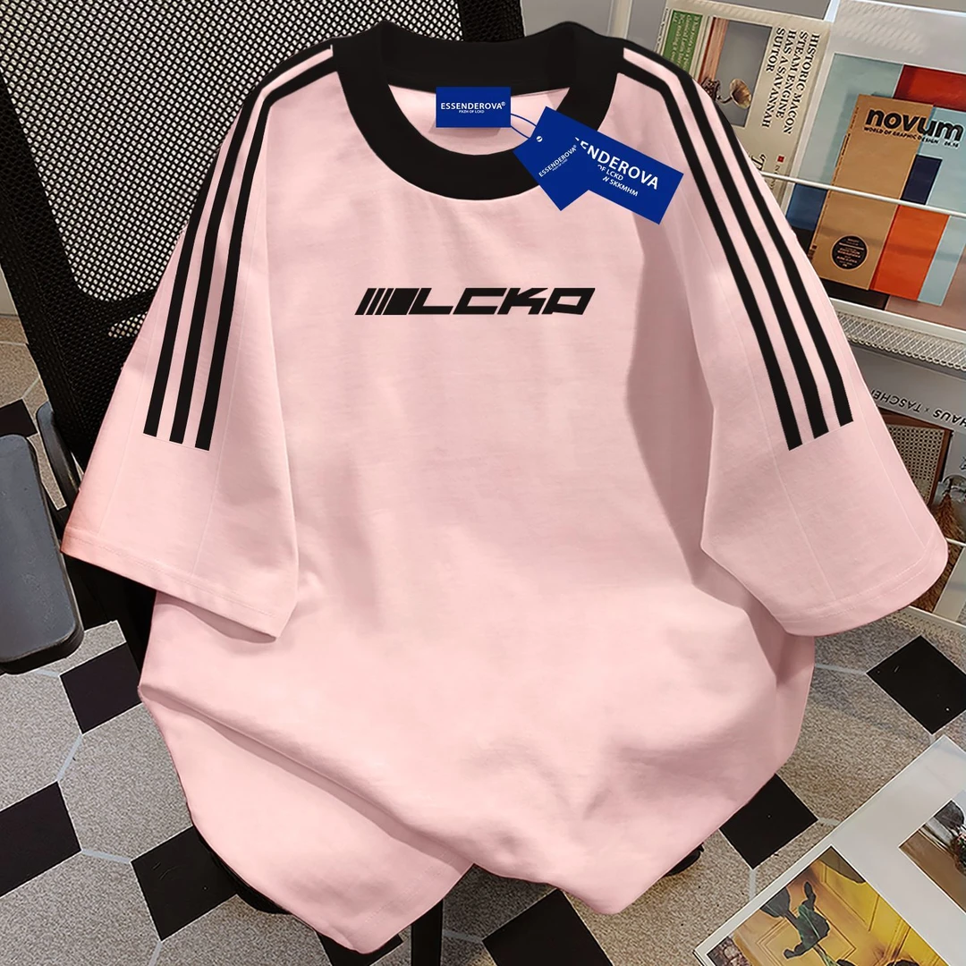 100%纯棉2026爆款美式复古韩系三条杠短袖t恤男女夏季宽松上衣ins