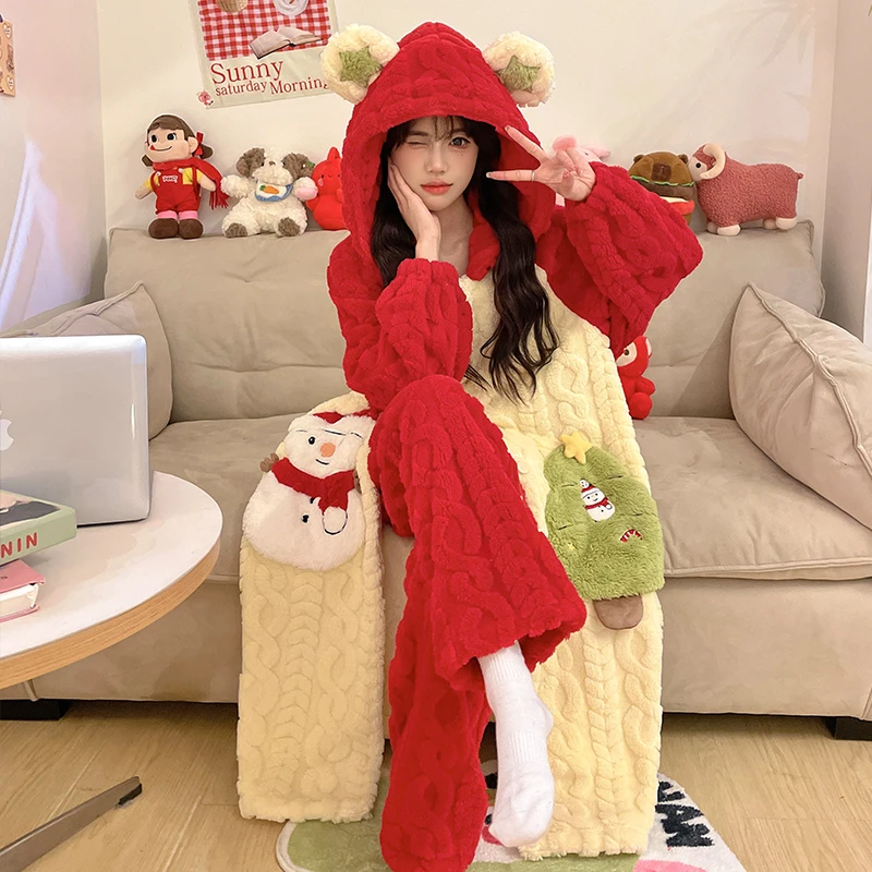 睡衣女秋冬款2025新款珊瑚绒加绒加厚睡袍卡通连帽保暖浴袍家居服