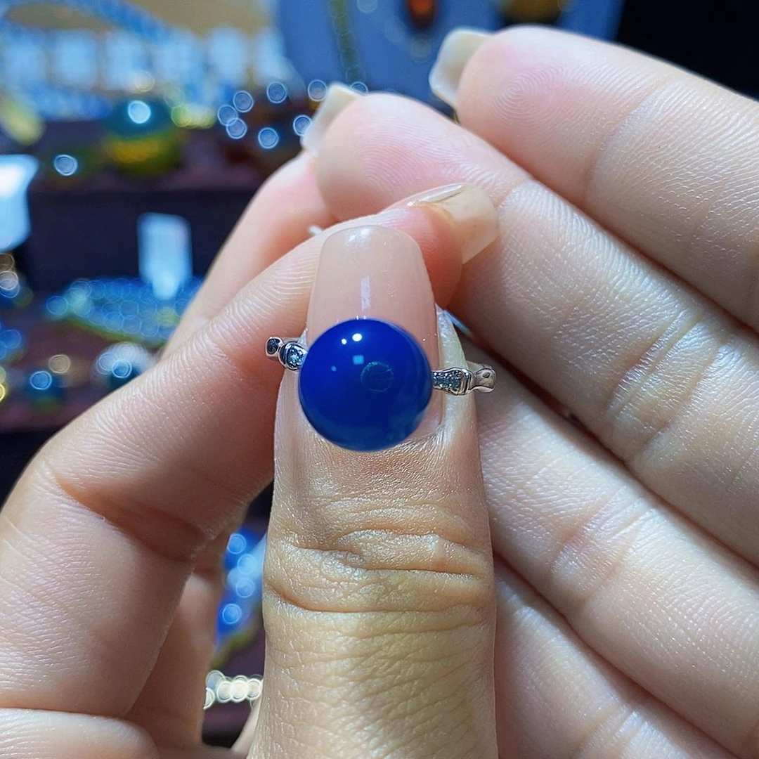 蓝珀银S925镶嵌戒指青***白尺寸10