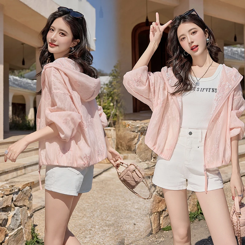 防晒衣新款长袖短款时尚夏季透气薄款宽松刺绣蝙蝠袖连帽百搭外套