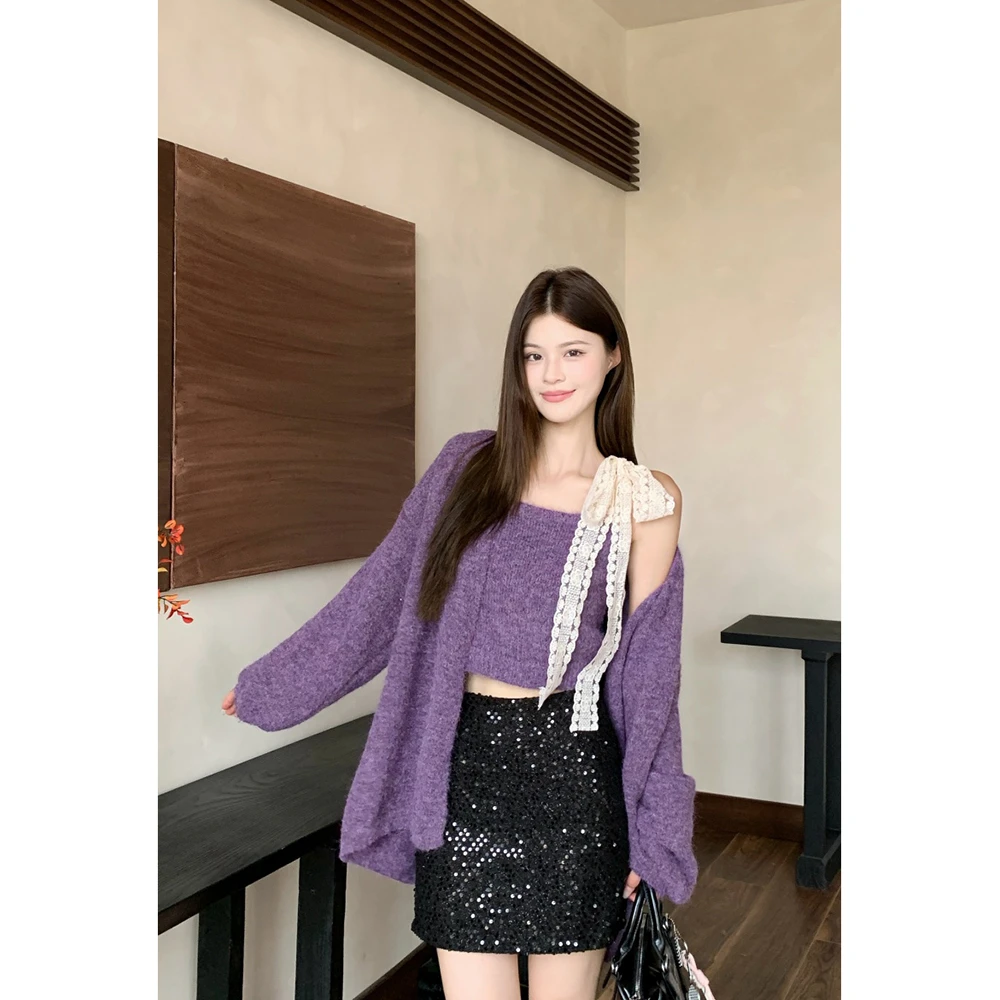 2025秋季新款韩系设计背心吊带长袖毛衣开衫慵懒风两件套显瘦上衣