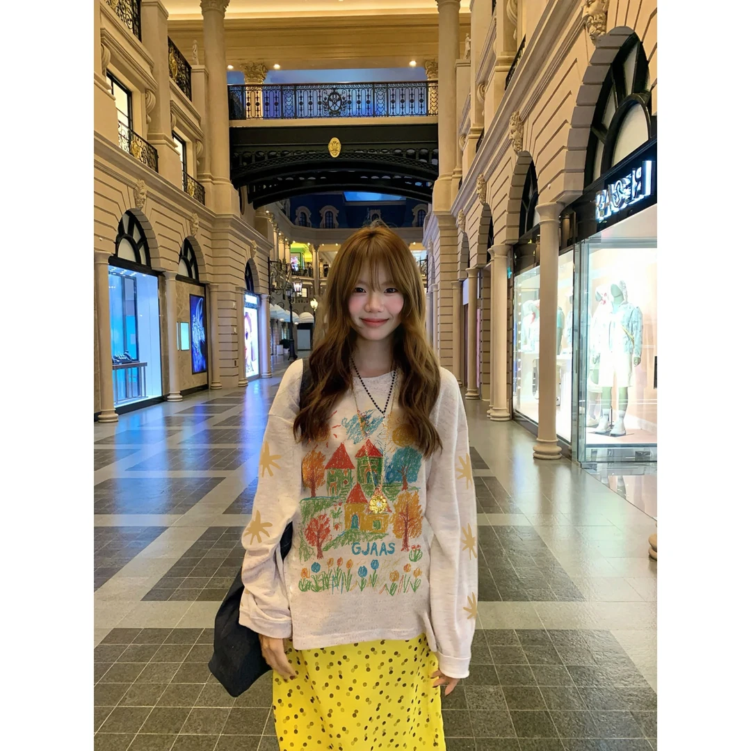 时尚潮牌夏季防晒罩衫上衣复古港风彩色透气圆领长袖t恤女