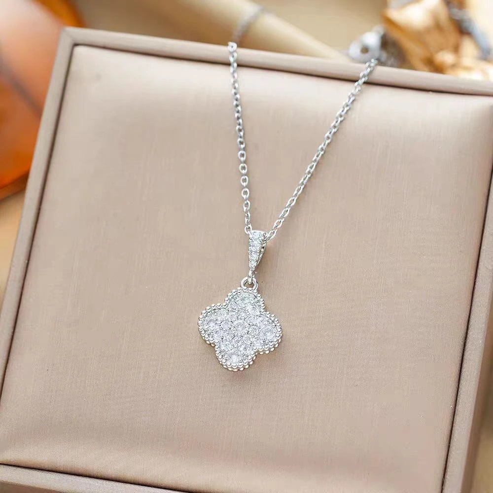 钛钢项链 梵诺熙   X   爆闪满天星锆石四叶花项链