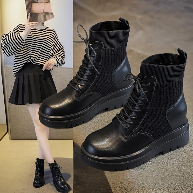隐形增高6cm厚底针织马丁靴女款显脚小个子加绒短靴2025秋冬爆款