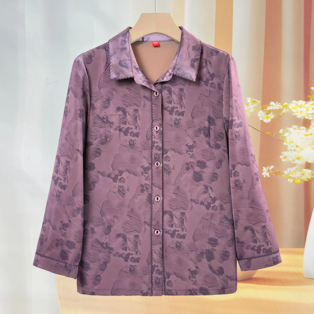 中老年人妈妈秋装长袖衬衫翻领上衣中年婆婆奶奶春秋天宽松薄外套