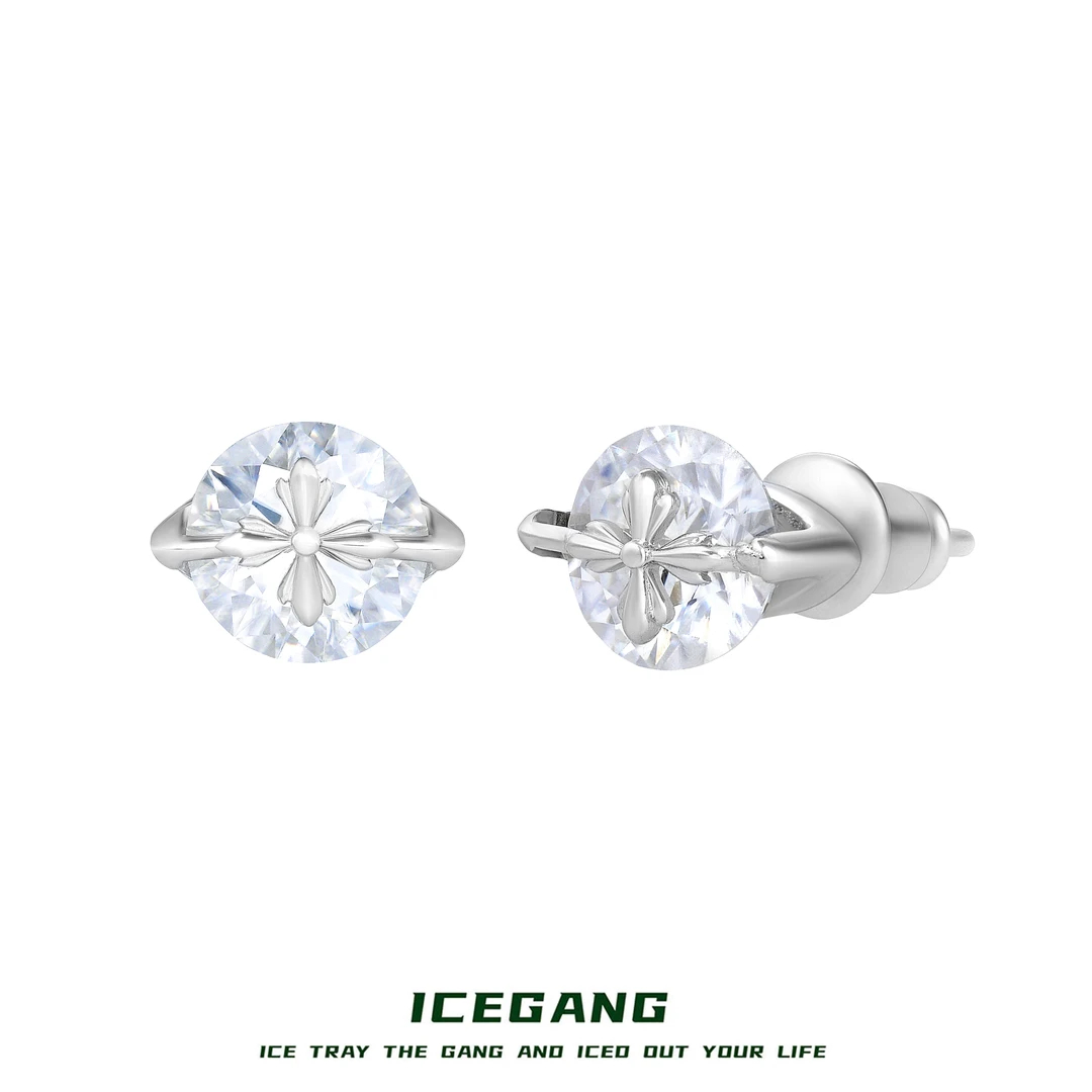 ICEGANG 925银莫桑石耳饰  灵动鸢尾花十字架耳钉S925银轻奢老钱