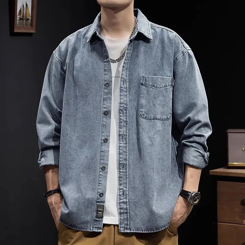 牛仔衬衫男士复古新款休闲工装外套春秋季美式大码男款长袖衬衣潮