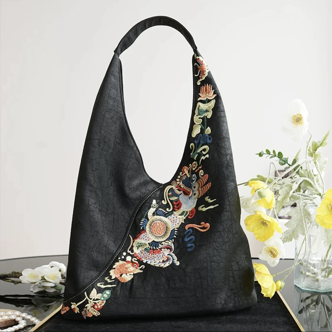 【鱼跃龙门】香云包38*24cm龟裂纹刺绣新中式女国风新年礼物单肩包