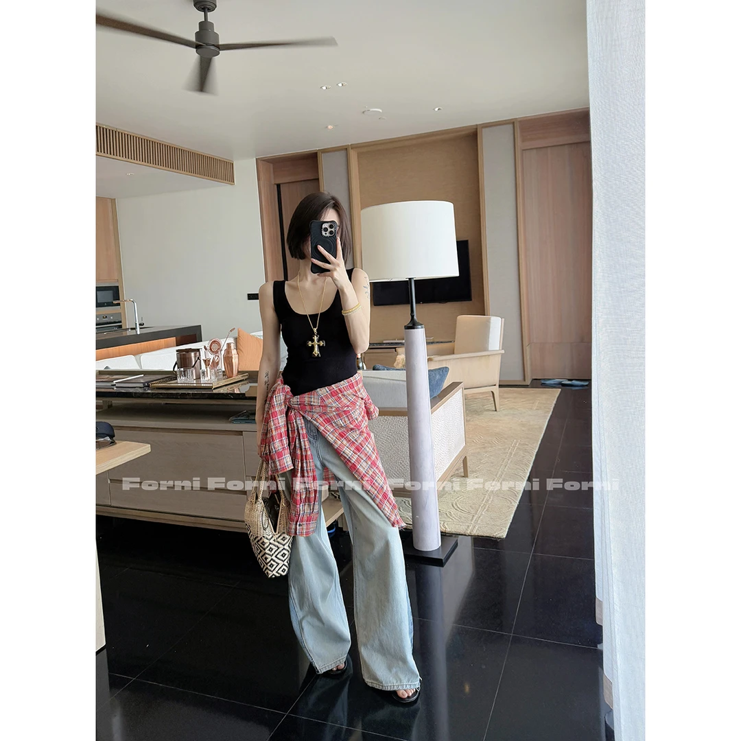 FORNI 腿精养成记 春季长款宽松阔腿裤时髦拼接直筒水洗牛仔裤女