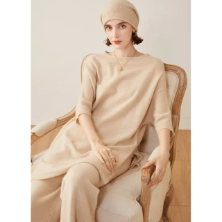 女一字领中长款宽松简约打底针织百搭纯色圆领女士七分袖开叉裙