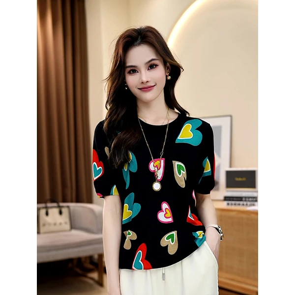 夏季洋气减龄设计感时尚气质宽松百搭显瘦圆领休闲短袖针织衫上衣