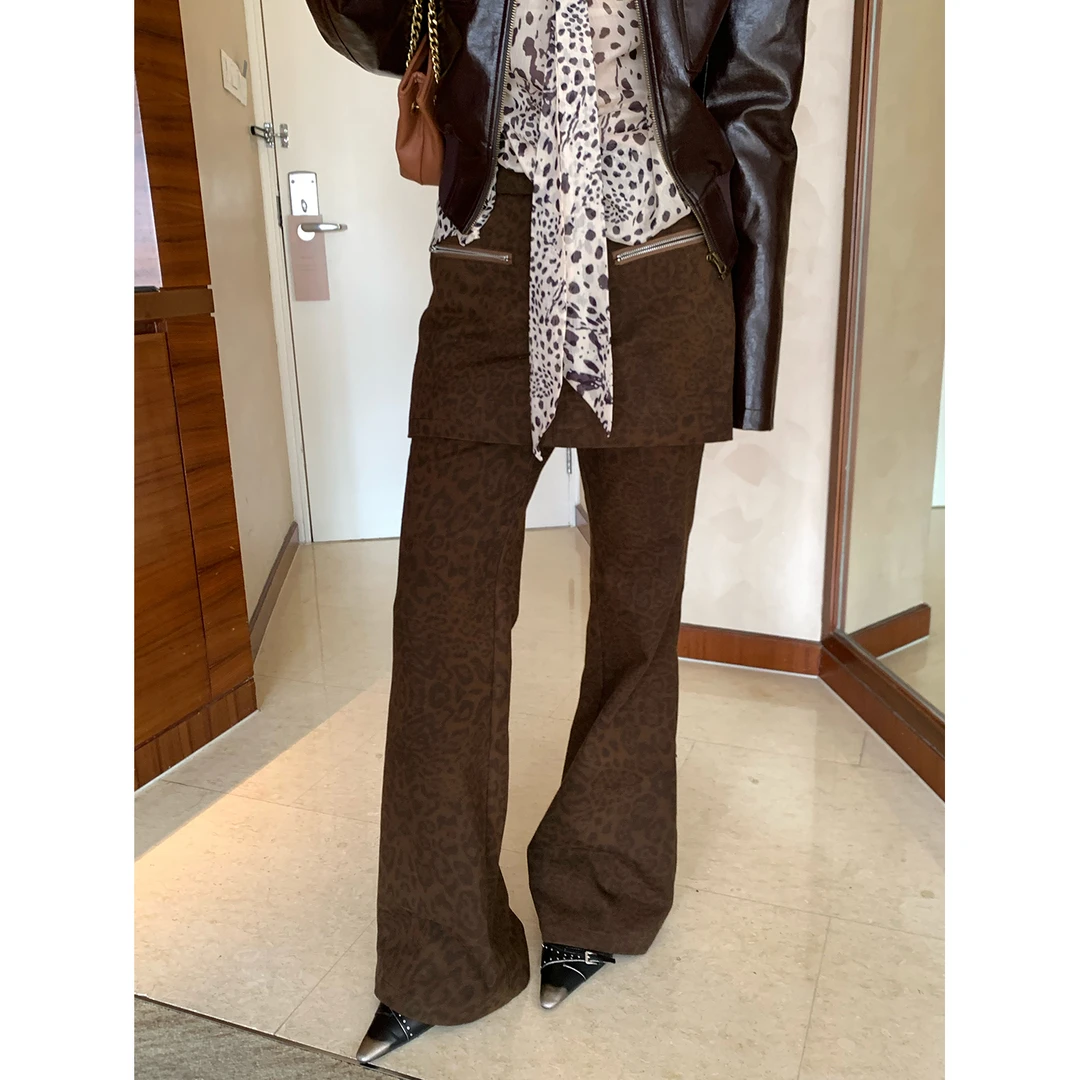 MAR 秋冬新款复古豹纹假两件直筒显瘦屁帘微喇裤女676124