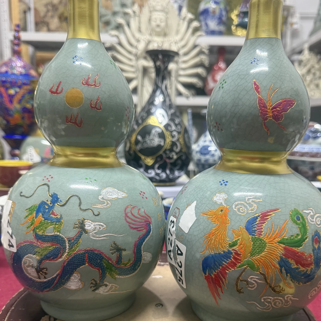汝龙凤夜光葫芦瓶手绘