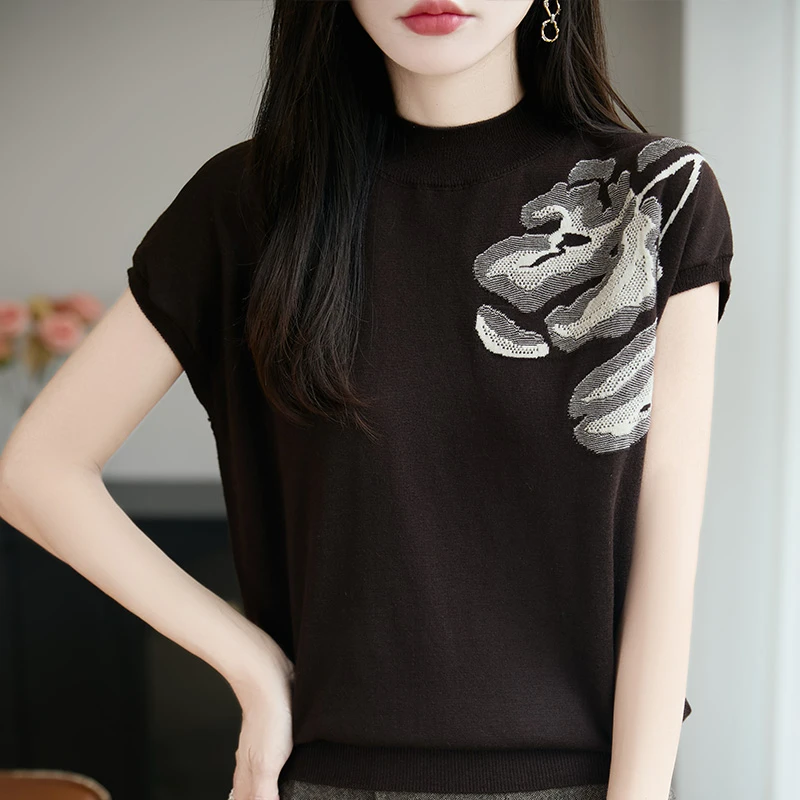 刺绣花朵半高领针织背心女2025新款春秋打底精纺羊毛内搭飞袖上衣