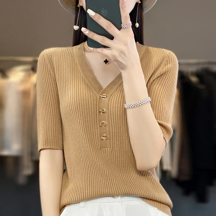 莱赛尔天丝冰丝V领短袖t恤女士夏季薄款2025新款显瘦针织衫上衣女