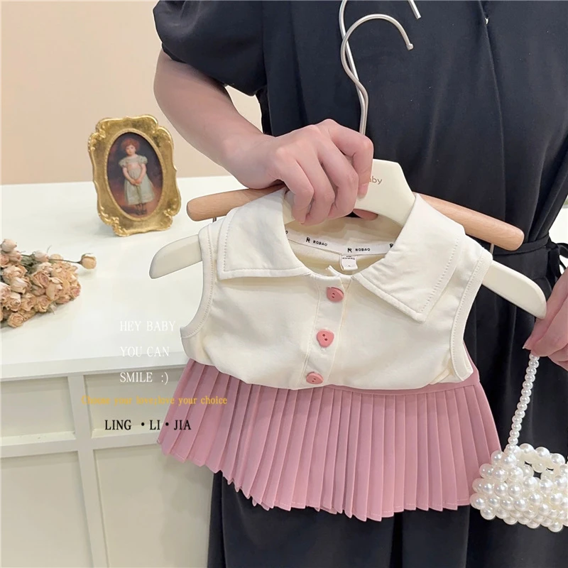 现货圆子家 童装女童洋气翻领polo无袖背心T恤粉色百褶裙时髦8026