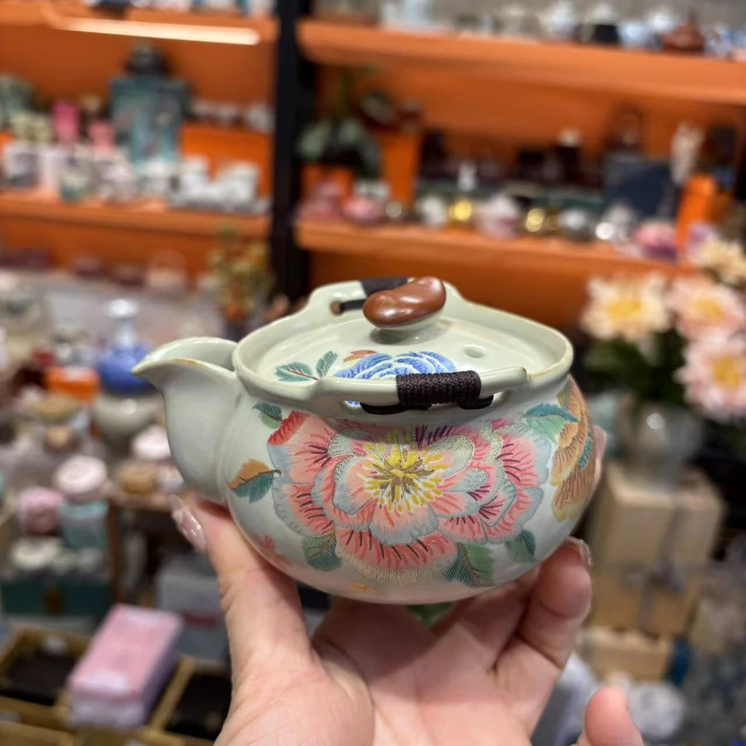 扬名茶器 黄汝刺绣黄花如意手抓一壶三杯旅行茶具便捷式快客5845