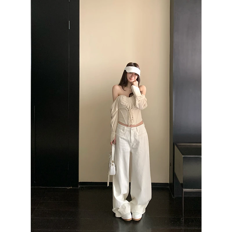 SKKStore 摩登白牛仔 立体折痕猫须压褶阔腿牛仔裤女夏直筒裤