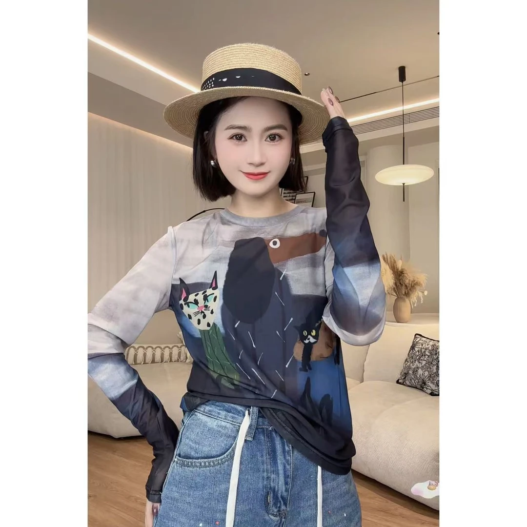 NANAKIKI【小猫小狗】百搭休闲潮流涂鸦时尚长袖打底T恤5233