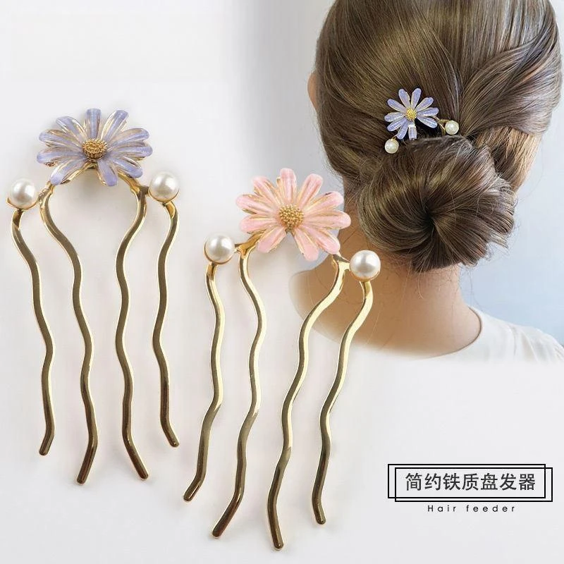 复古花朵盘发4齿插梳女丸子头神器珍珠发钗簪子高端发卡发插头饰
