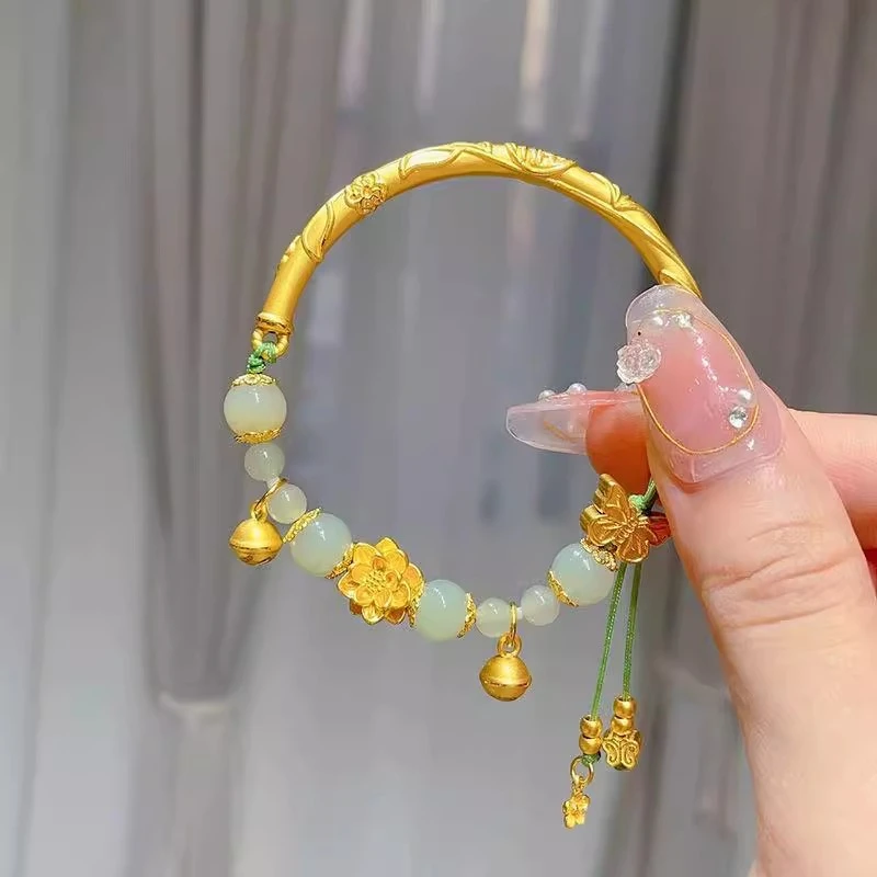 合金手链 新中式蝴蝶莲花半镯铃铛手链女时尚百搭转运珠手串配饰