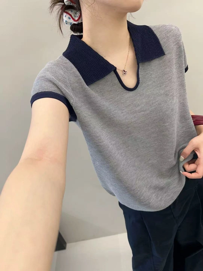 DALIANSU/大脸酥-4477  夏季设计感拼色翻领显瘦短袖上衣