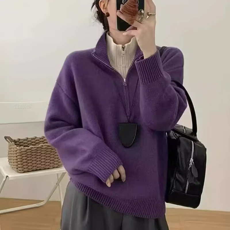 8712秋冬新款长袖韩版2025宽松休闲时尚立领拼色毛衣女