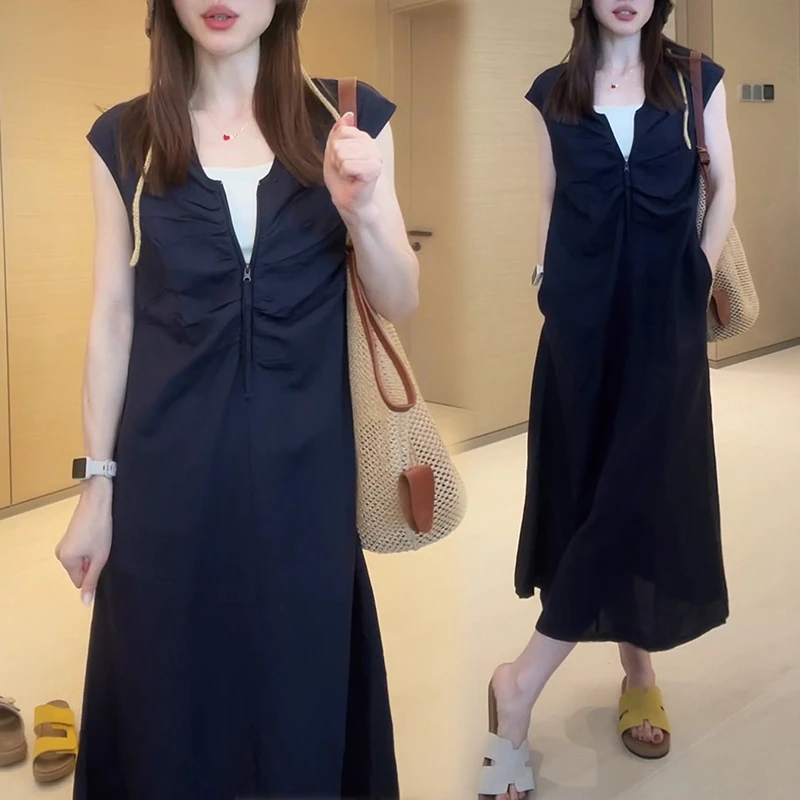 热者法式V领亚麻连衣裙女夏季薄款轻奢无袖设计感显瘦收腰长裙