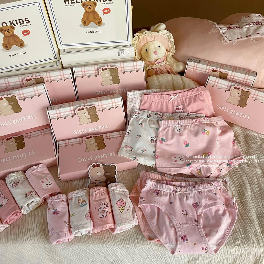 小黑团团5A级抑菌纯棉三角平角四季内穿短裤桑蚕丝底档女童四件装