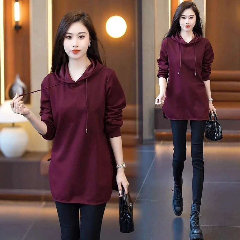 时尚洋气长袖连帽卫衣女2025春季新款中长款宽松显瘦加绒加厚上衣