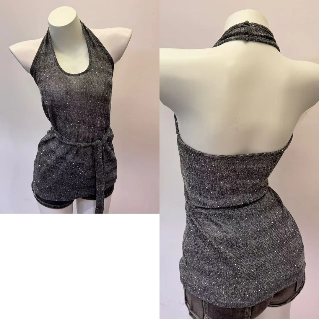 纯欲风烫钻薄款亮闪闪丝线微透挂脖吊带v领收腰绑带外穿上衣