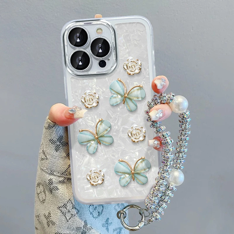 适用苹果15pm手机壳iPhone14/13立体山茶花手链12自带镜头膜7