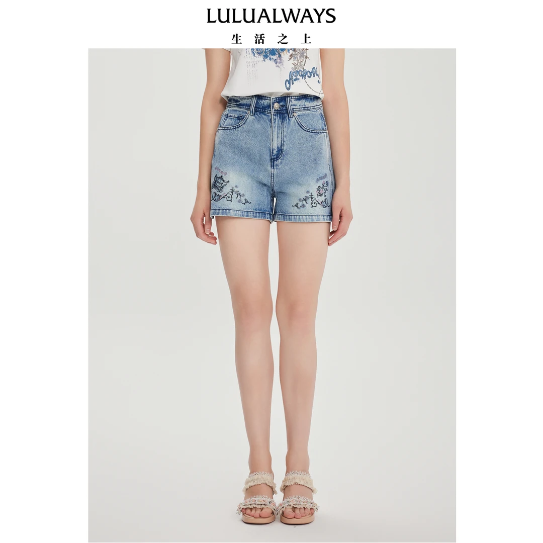 LULUALWAYS【商场同款】25夏季新款复古阔腿热裤宽松显瘦牛仔短裤