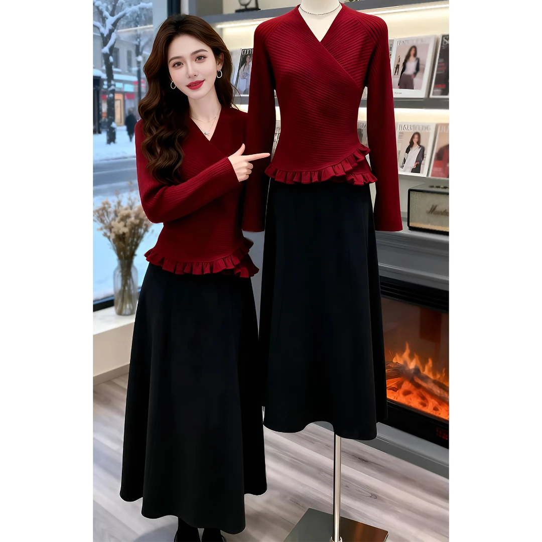 2025冬季新款韩版时尚交叉V领木耳边针织上衣女花苞半身裙两件套