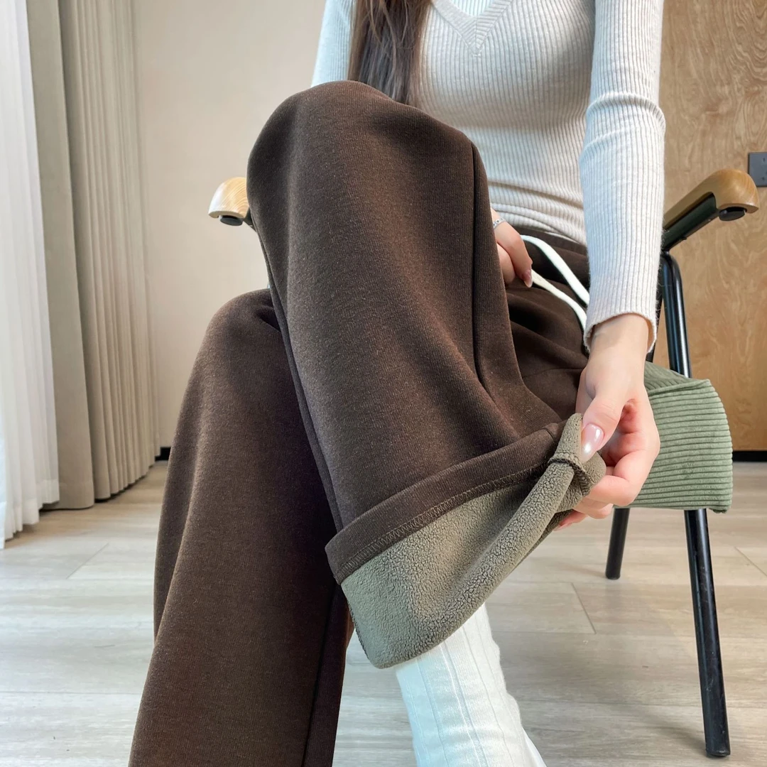 窄版阔腿裤女秋冬加绒高腰显瘦直筒糯米裤软糯慵懒风运动休闲卫裤