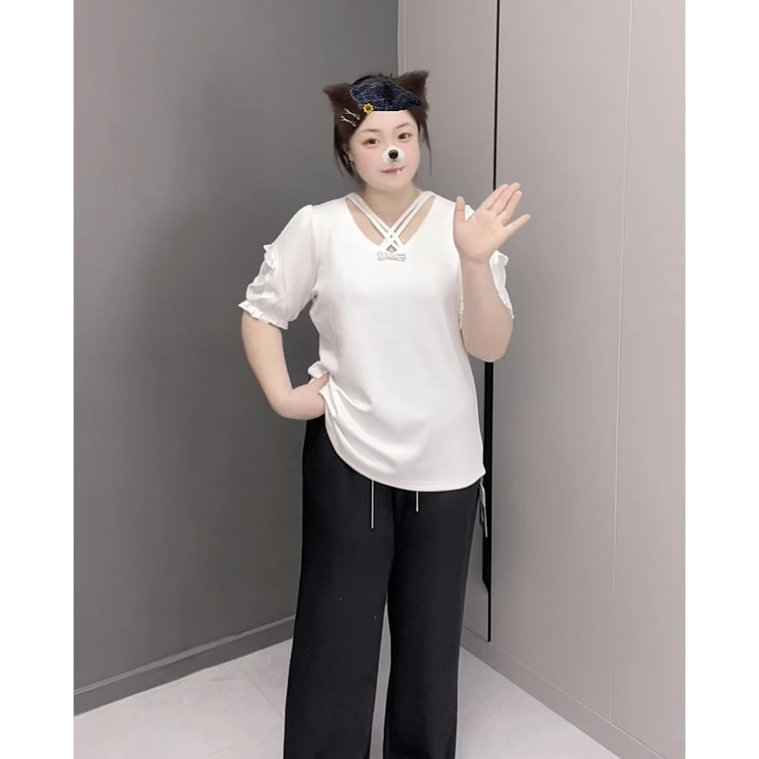[小藤精选]夏季薄空气棉正肩菲边泡泡袖显瘦T恤