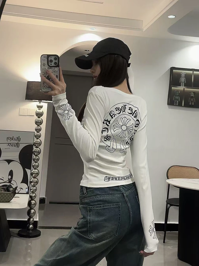 美式复古辣妹暗黑修身显瘦圆领打底长袖T恤