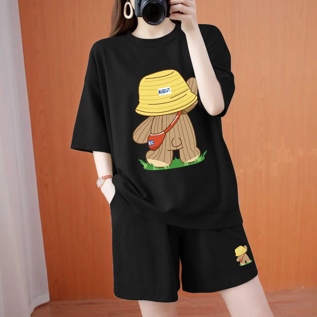 纯棉短袖短裤套装女夏季大码胖mm宽松时尚休闲运动风穿搭两件套潮