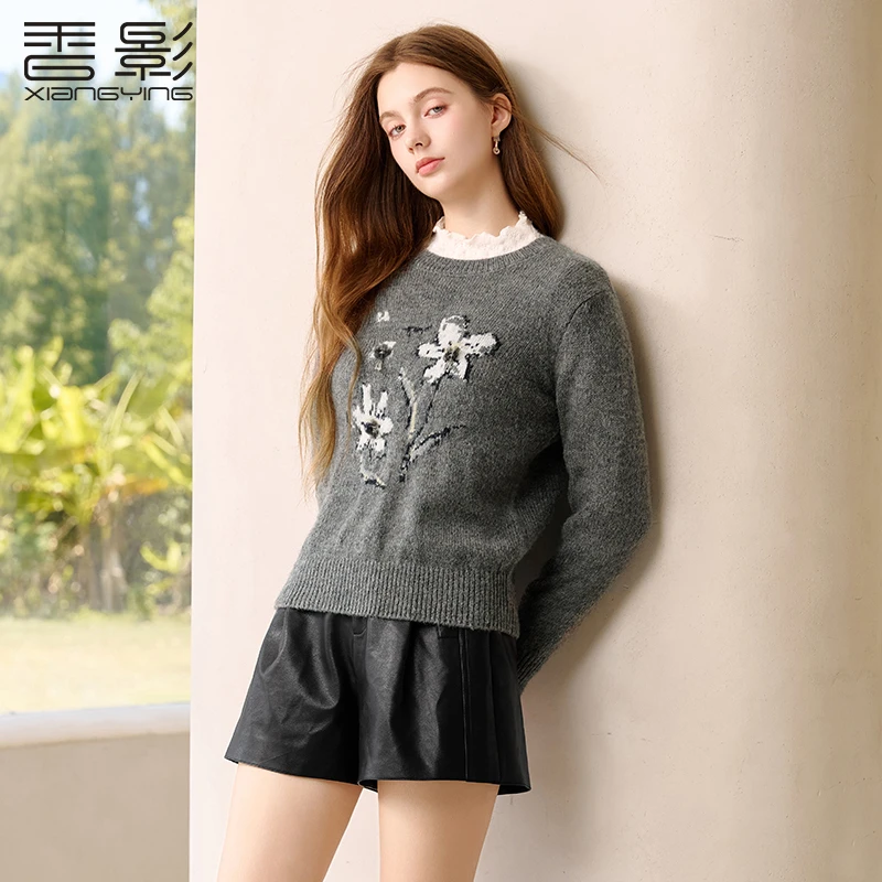 【李易行】Z85W748针织衫 香影花朵提花针织衫冬季新款含羊毛圆