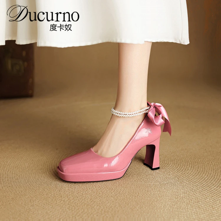 DUCURNO防水台超高跟蝴蝶结珍珠链单鞋女2025新款真皮甜美仙女鞋