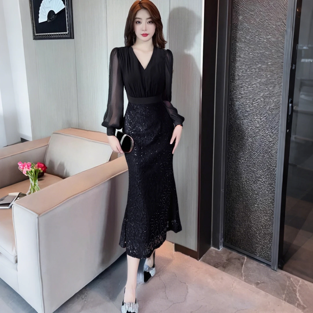 【V】A黑色V领长袖连衣裙修身宴会通勤两用日常气质裙装D0590