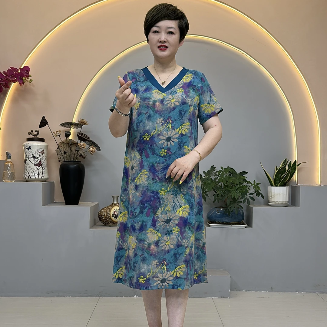 宽松连衣裙女装连衣裙气质大码V领V2036