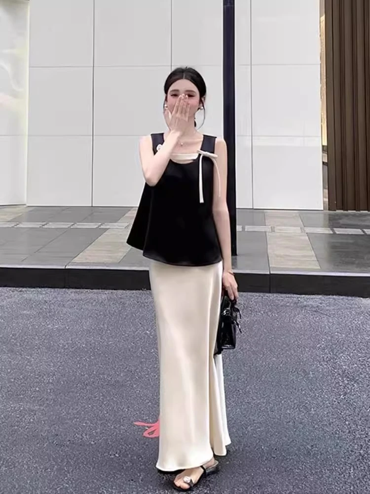 【夏季穿搭】黑色缎面吊带背心女2025通勤气质小众高腰半裙两件套装