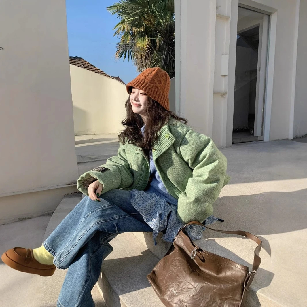 2024冬季绿色针织小众设计拼接感保暖防寒拼接棉服ins棉服短外套