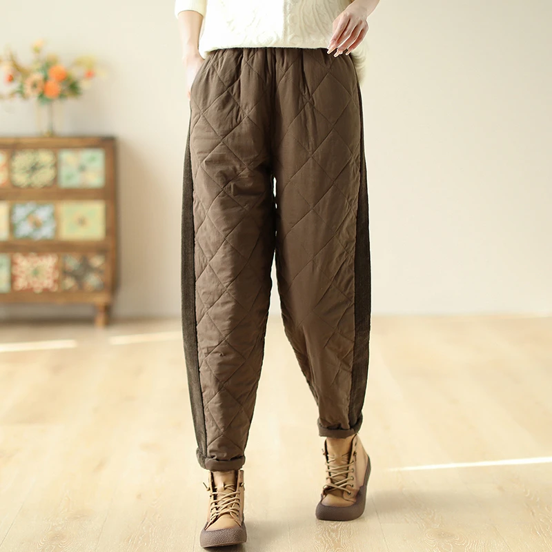 2025冬季新款咖色菱格拼接条绒松紧腰休闲裤保暖夹棉棉裤外穿女式