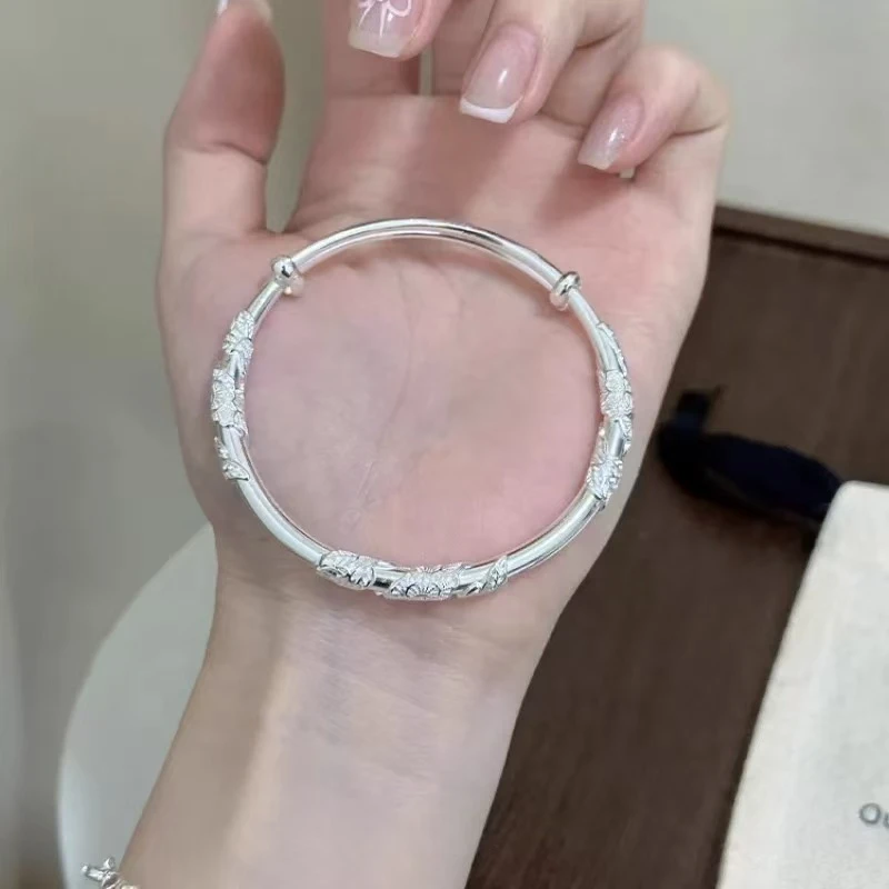 足银手镯34号链接足银999.9繁花似锦推拉镯子送女友母亲节礼物