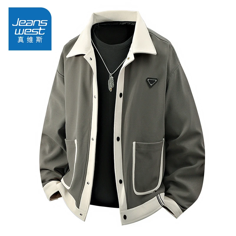 Jeanswest/真维斯春季新款港风痞帅高级肌理感翻领夹克外套男潮