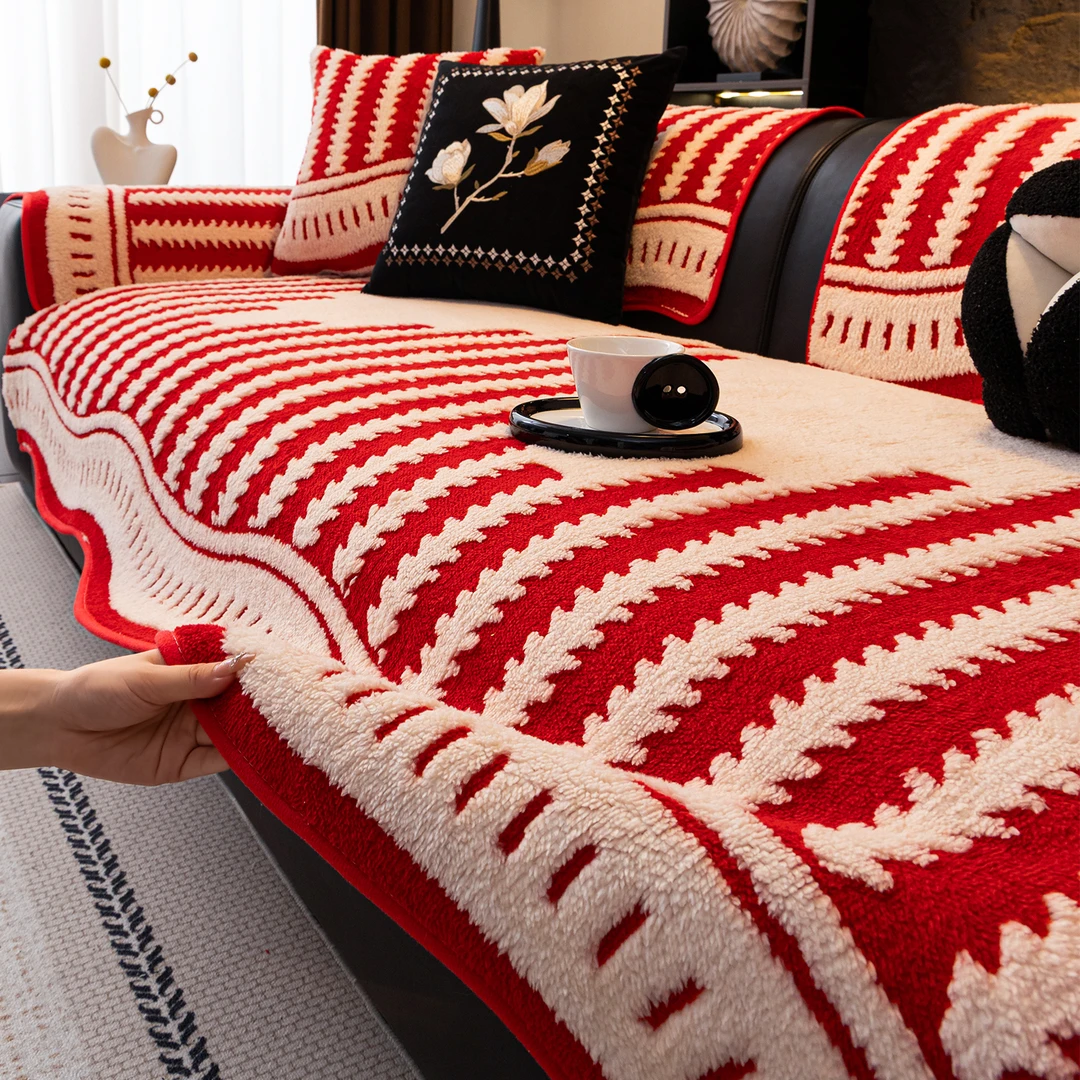 红色喜庆异形毛绒沙发垫2025冬季新款加厚固定防滑直排坐垫子盖布