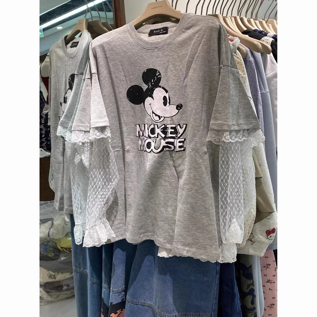 纯棉大码夏季新款美式超时尚卡通米奇蕾丝拼接假两件圆领防晒T恤
